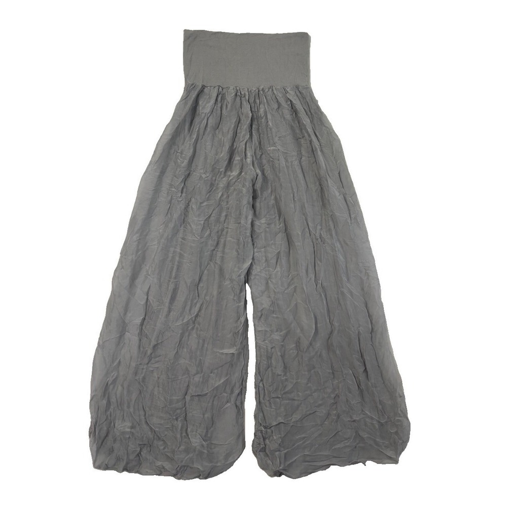 GIUSY Italy Palazzo Pants M Gray Crinkled Silk Blend Wide Leg Lagenlook 0735